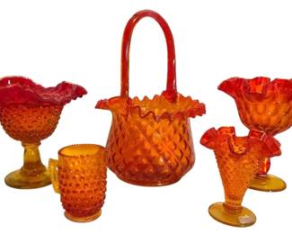 Fenton Orange Amberina Diamond Optic Basket, Hobnail Vase, Thumbprint Compote, More Glassware