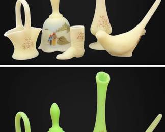 Fenton HandPainted Uranium Custard Glass Bird, Bud Vase, Bell,  More