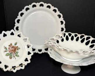 Open Lace Milk Glass Plates, Cake Stand, Fruit Bowl