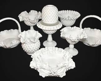 Fenton Hobnail 3Piece Fairy Lamp, Ruffled Baskets,  Milk Glass Compotes