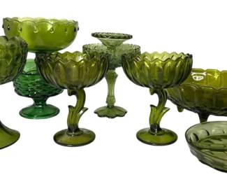 Two Green Lotus Blossom Compotes More Green Glassware 