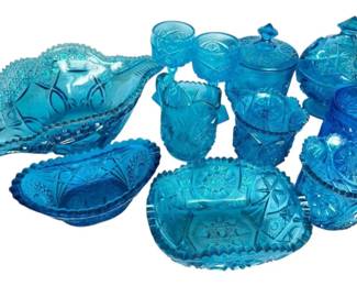 Antique Blue Sawtooth Edge Star Pattern Glassware 