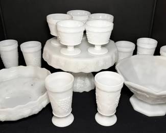 Milk Glass Grape Motif Cake Stand, Bowls, Glasses