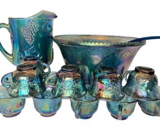 Blue Indiana Carnival Glass Punch Bowl, Cups, Pitchers