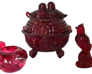 Ruby Red Covered Bird Dish More Glass Birds 
