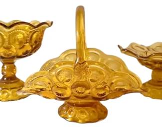 L.E. Smith Amber Glass Moon Stars Basket, Candle Holder,  Candy Dish