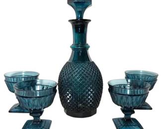 Dark Teal Diamond Point Glass Decanter 4 Goblets
