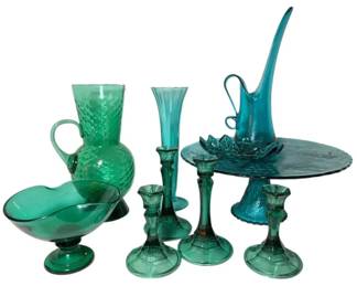 Green Teal Glassware  Including L.E. Smith