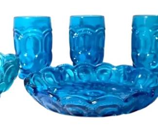 L.E. Smith Blue Glass Moon Stars Ashtray, Tumblers  More