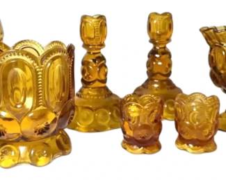 L.E. Smith Amber Glass Moon Stars Candle Holders, Goblet  More