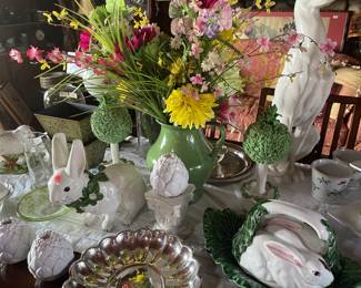 lots of porcelain decor and silver plate goodies.