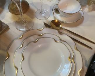 Stunning set of china with 24kt gold trim. setting for (6)! $249. (gold flatware not for sale)