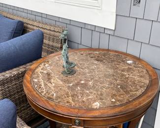 we have 3 of these marble and solid wood tables. one is painted.  $399. each they hold up really well outside, even though they are indoor tables.