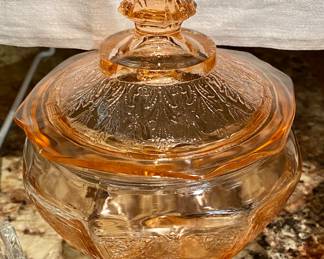 Pink Depression glass candy jar