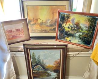 More Excellent assorted art, including a consigned Thomas Kinkade light up illuminated wall art. 