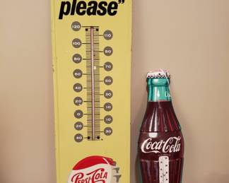 Vintage Large Say Pepsi Please Thermometer, plus nice sized Vintage Coca Cola Bottle Thermometer
