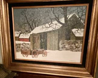 Another Beautiful Oil painting of a winter barn scene from the 1970's