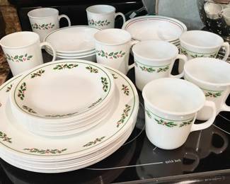 Vintage Corelle Holly Days Christmas dishes and mugs, we believe virtually unused.