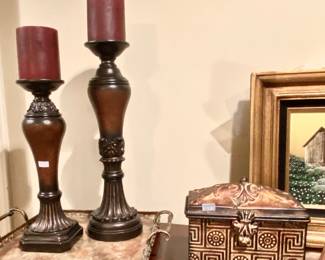 Pair of larger candle holders and decor