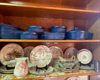 Terracotta bakeware, China transferware pieces 