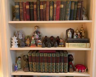 Antique books, bookends, oriental decor, dog figurines and dog vases