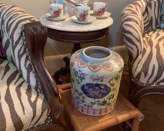 Small round marble top table, bamboo stool, vase, tea set 
