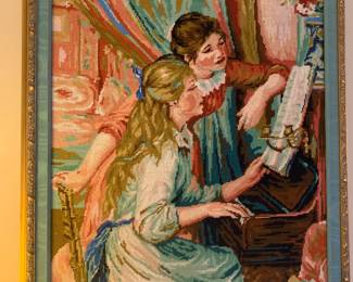 needlepoint rendition of Pierre-Auguste Renoir's "Young Girls at the Piano" 