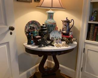 Victorian Mahogany marble-top accent table with harp shaped base