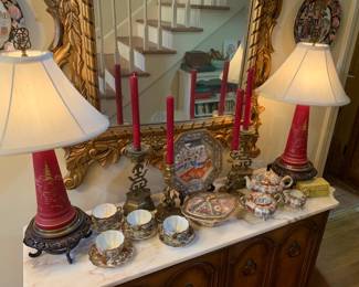 Oriental red table lamps, Brass candlesticks, tea sets