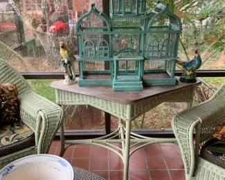 Rattan table, Large wooden bird cage 