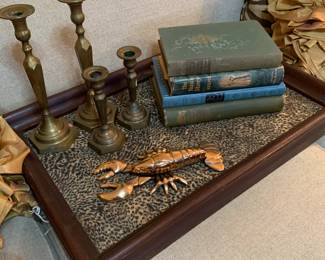 brass candlesticks, serving tray, antique books, Brass lobster door knocker 