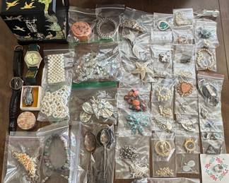 Jewelry - Watches, Bracelets, Earrings, Pendants, Spoons, Necklaces, and a beautiful jewelry box with mother-of-pearl inlays!