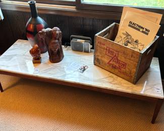 Italian MCM Marble Coffee Table, Mexican Made Vase, Amber Sculpture