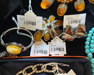 Amber Cuff Bracelet, Amber Flower Brooch, Sterling and Amber Earrings, Tiffany & Co Sterling 14k & Pearl Earrings 