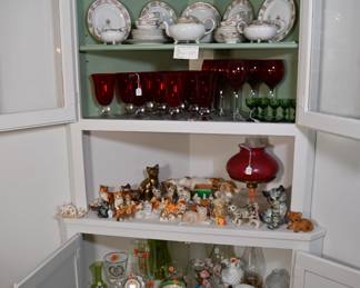 Lenox Holiday glassware in Ruby and Emerald, moriage Nippon tea set, vintage cat figurines, cranberry glass lamp