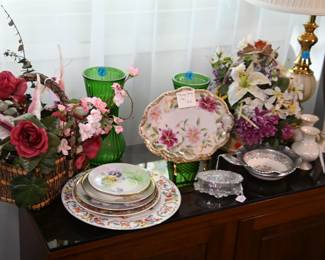 Hand-painted Barvarian china, Indiana glass, Lenox vases
