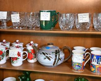 Holiday mugs, Waterford crystal cordials, double whiskys