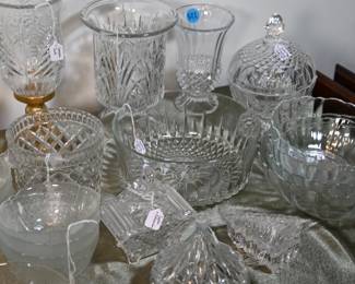 Cut crystal punch bowls, hurricane lamps, and vases!