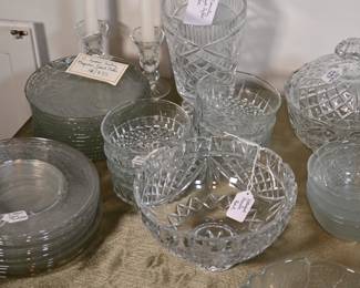 Lots of ABP crystal bowls and candy dishes, pressed glass lunch plates