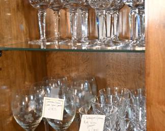 Waterford wine glasses, etched glass goblets