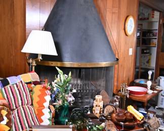 Midcentury modern treasures! Blenko glass owl, 1960s hand-carved wooden tree face, granny crochet blankets, teak serving bowls, Blenko pitchers, wooden fruit