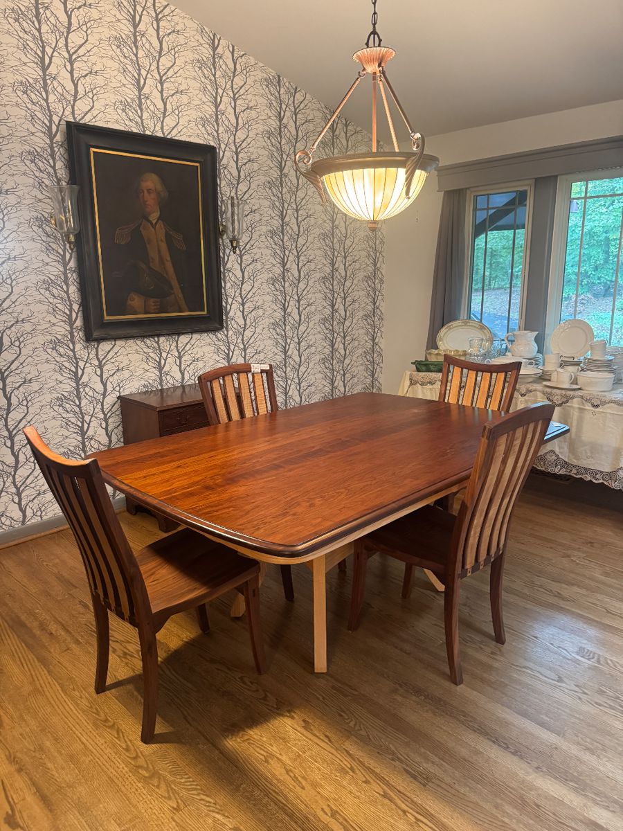 Daniel's Amish Furniture Galveston Dining Table (73"L x 48"W x 30-1/2"H) & Phineas Rose Studios Handcrafted Dining Chairs (18"W x 23"D x 39"H / 4 Total)