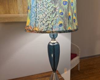 Modern Table Lamp with Springcrest Peacock Print Drum Lamp Shade