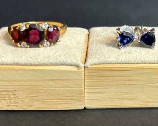 GoldTone Garnet Ring  Silver LabGrown Sapphire Stud Earrings