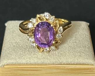 14K Gold Amethyst Diamond Ring