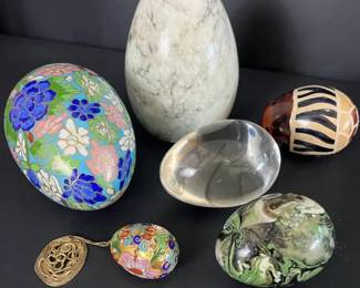 6 Decorative Eggs Cloisonn, Stone, Crystal  Art Glass with Pendant