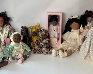 Collection of African American Dolls Porcelain, Cloth  Vinyl, Mixed Styles