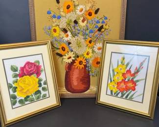 Framed Floral Embroidery Art Set of 3 Handcrafted Needlework Pieces