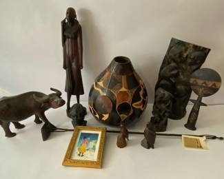Collection of HandCarved African  Folk Art Sculptures, Painted Gourd, and Framed Artwork