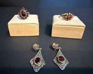 Antique Jewelry Set Rose Gold Seed Pearl  Red Stone Ring, Garnet Cluster Ring  Sterling Silver 